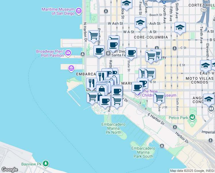 map of restaurants, bars, coffee shops, grocery stores, and more near 733 West G Street in San Diego