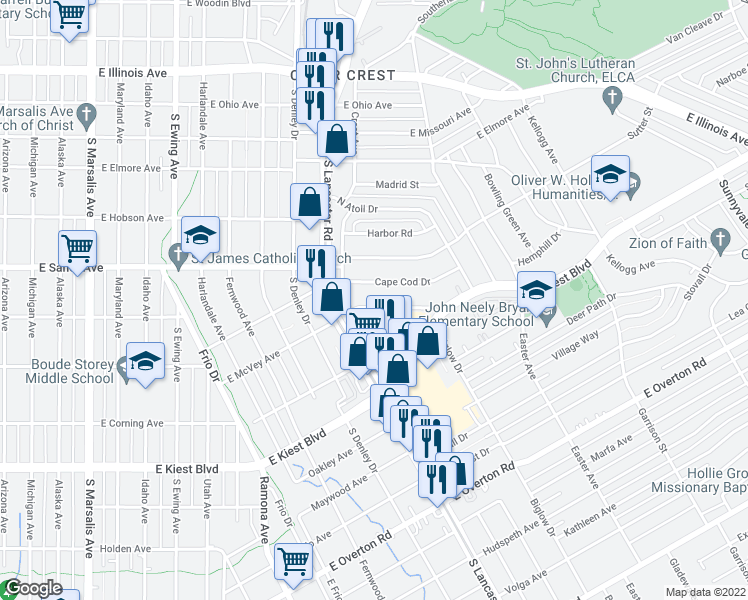 map of restaurants, bars, coffee shops, grocery stores, and more near 1427 Cove Drive in Dallas