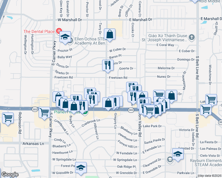map of restaurants, bars, coffee shops, grocery stores, and more near 203 Freetown Road in Grand Prairie