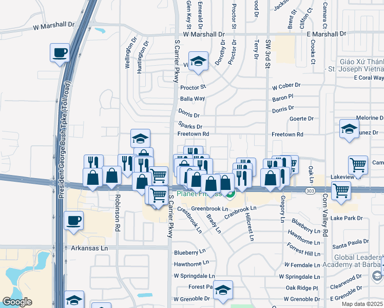 map of restaurants, bars, coffee shops, grocery stores, and more near 2421 South Carrier Parkway in Grand Prairie