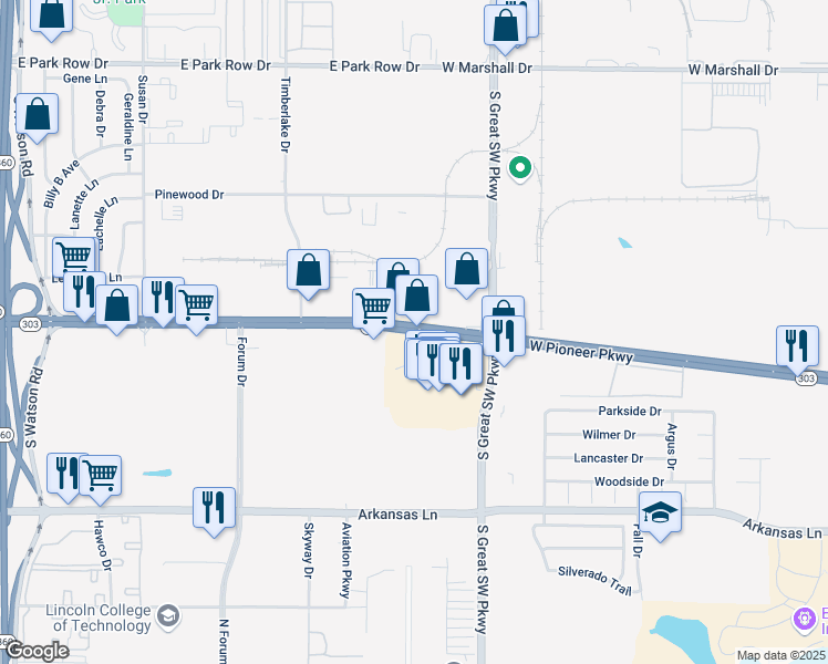 map of restaurants, bars, coffee shops, grocery stores, and more near 2627 West Spur 303 in Grand Prairie