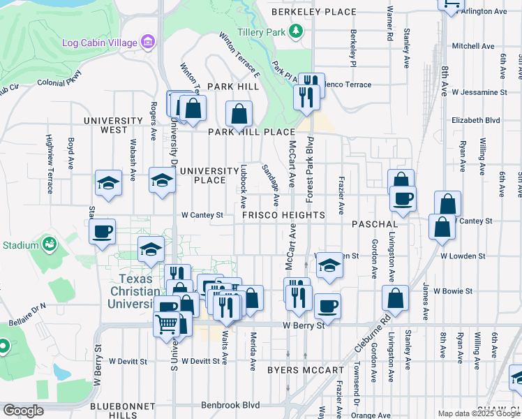 map of restaurants, bars, coffee shops, grocery stores, and more near 2720 Sandage Avenue in Fort Worth