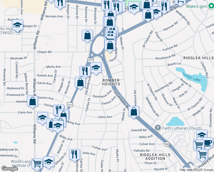 map of restaurants, bars, coffee shops, grocery stores, and more near 4004 Southwest Boulevard in Fort Worth