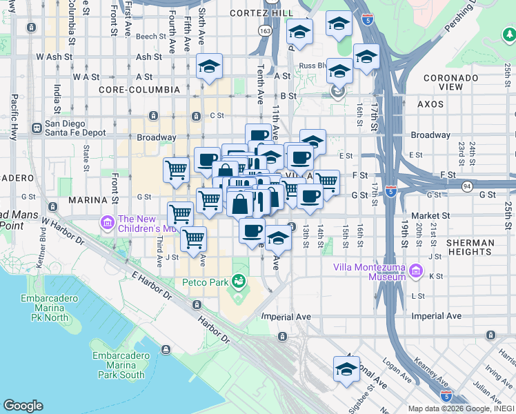 map of restaurants, bars, coffee shops, grocery stores, and more near 630 10th Ave in San Diego