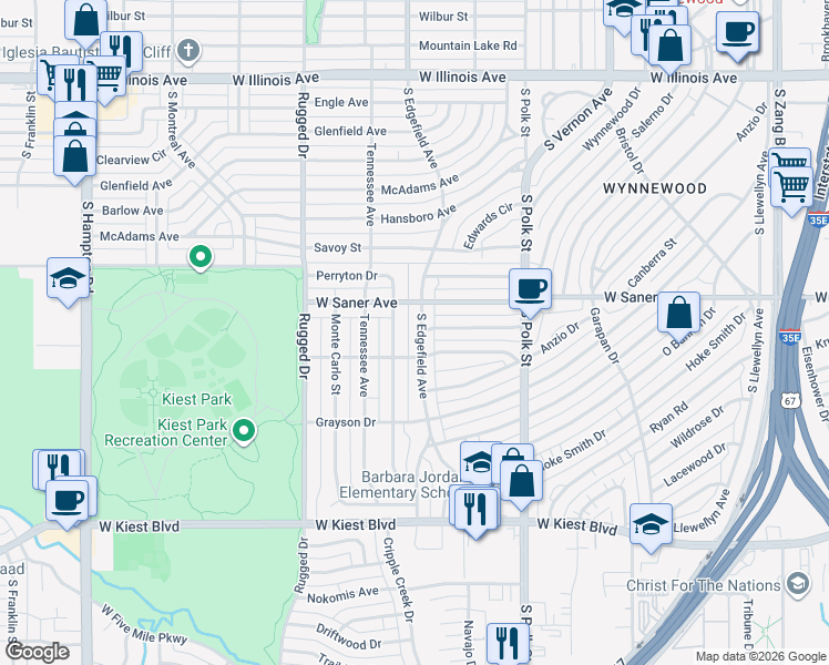 map of restaurants, bars, coffee shops, grocery stores, and more near 3027 South Edgefield Avenue in Dallas