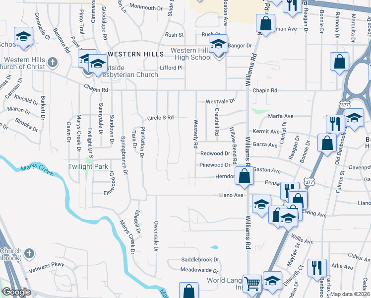 map of restaurants, bars, coffee shops, grocery stores, and more near 4005 Brookdale Road in Benbrook