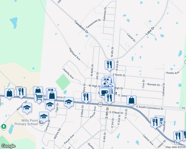 map of restaurants, bars, coffee shops, grocery stores, and more near 414 North Wills Street in Wills Point