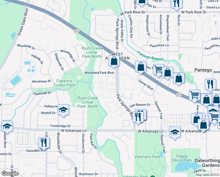 map of restaurants, bars, coffee shops, grocery stores, and more near 4015 Rana Drive in Arlington