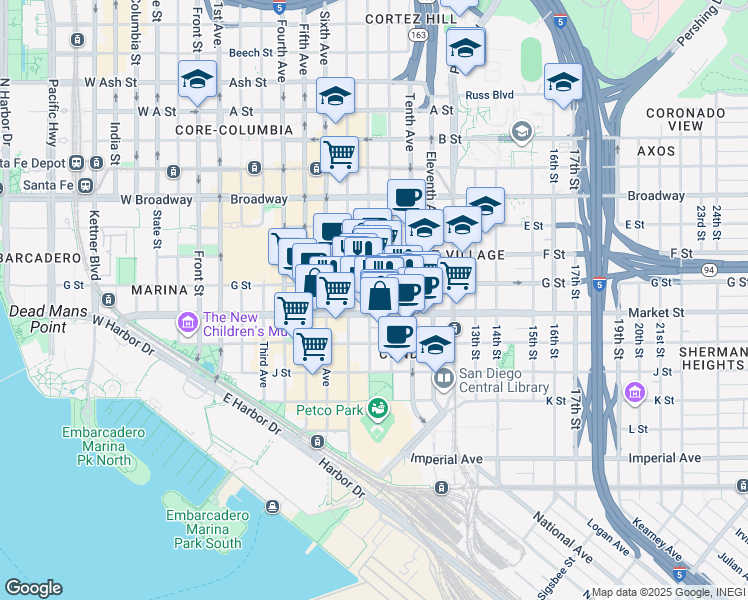 map of restaurants, bars, coffee shops, grocery stores, and more near 632 Eighth Avenue in San Diego