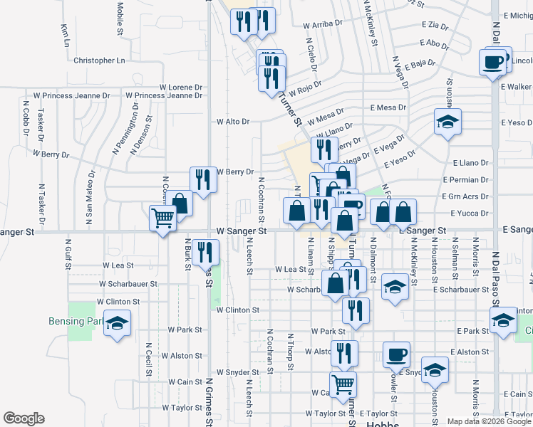 map of restaurants, bars, coffee shops, grocery stores, and more near 1200 North Cochran Street in Hobbs