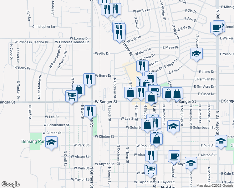 map of restaurants, bars, coffee shops, grocery stores, and more near 1200 North Cochran Street in Hobbs