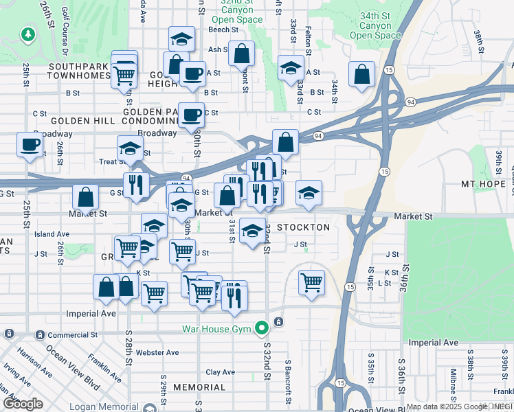 map of restaurants, bars, coffee shops, grocery stores, and more near 3164 Market Street in San Diego