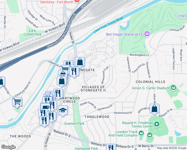 map of restaurants, bars, coffee shops, grocery stores, and more near 2732 Hogan Hill Lane in Fort Worth