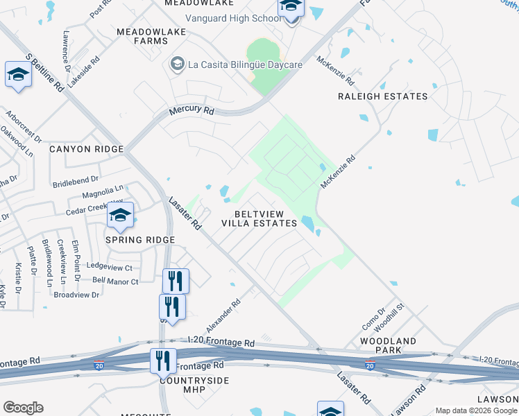 map of restaurants, bars, coffee shops, grocery stores, and more near 175 Travis Street in Mesquite