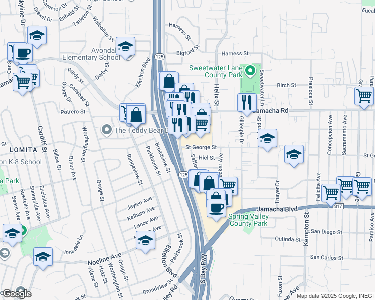map of restaurants, bars, coffee shops, grocery stores, and more near 866 Safford Avenue in Spring Valley