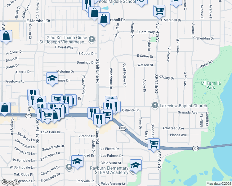 map of restaurants, bars, coffee shops, grocery stores, and more near 2313 Sheriff Drive in Grand Prairie