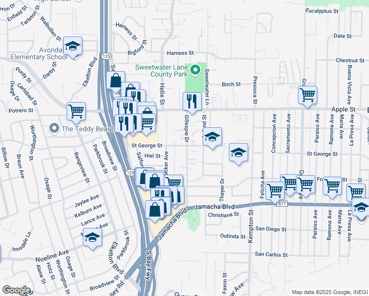 map of restaurants, bars, coffee shops, grocery stores, and more near 984 Gillespie Drive in Spring Valley