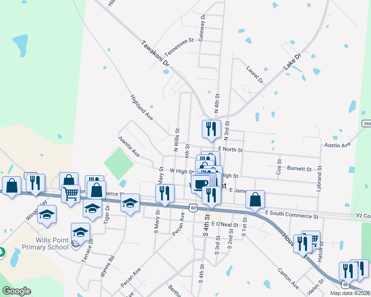 map of restaurants, bars, coffee shops, grocery stores, and more near 414 North Wills Street in Wills Point