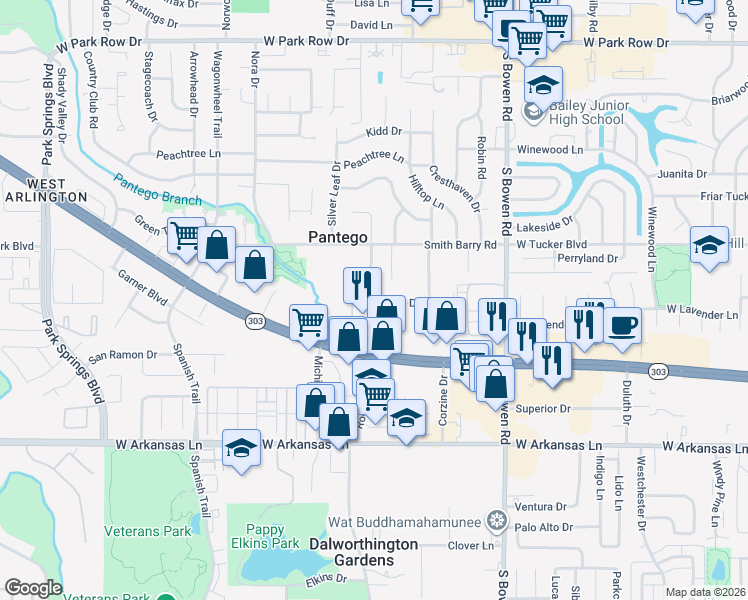 map of restaurants, bars, coffee shops, grocery stores, and more near 1917 Roosevelt Drive in Pantego