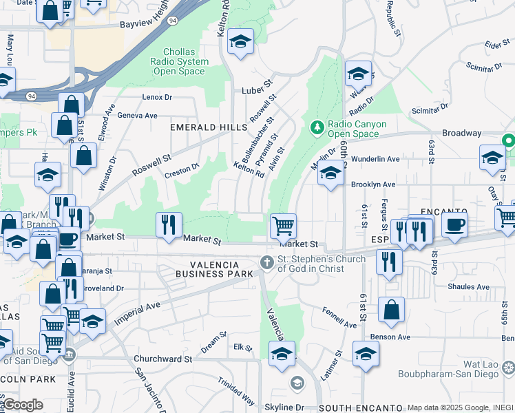 map of restaurants, bars, coffee shops, grocery stores, and more near 656 Alvin Street in San Diego