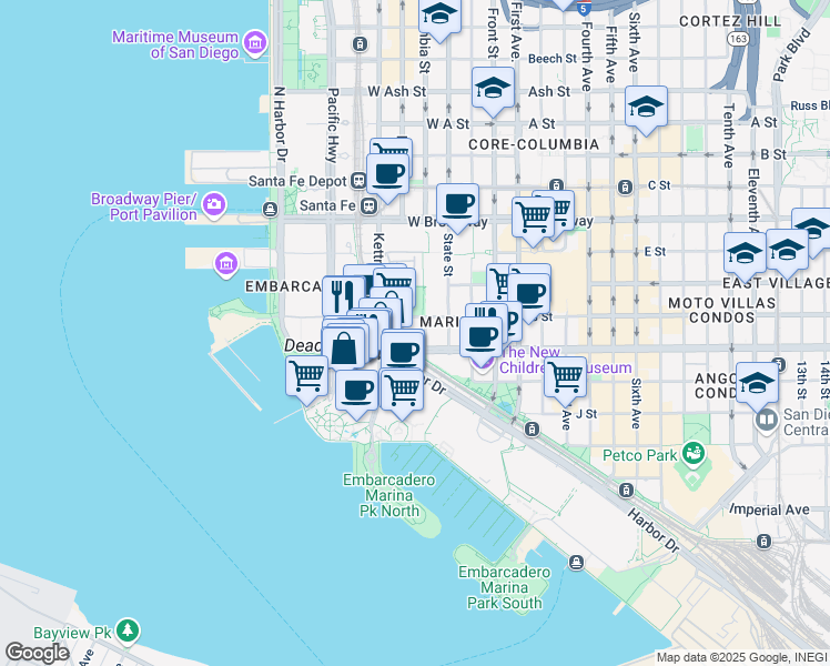 map of restaurants, bars, coffee shops, grocery stores, and more near West Harbor Drive in San Diego