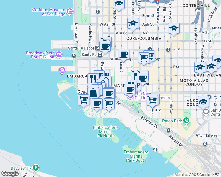 map of restaurants, bars, coffee shops, grocery stores, and more near India Street in San Diego