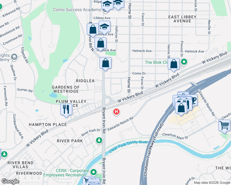 map of restaurants, bars, coffee shops, grocery stores, and more near 5012 Wilmington Court in Fort Worth