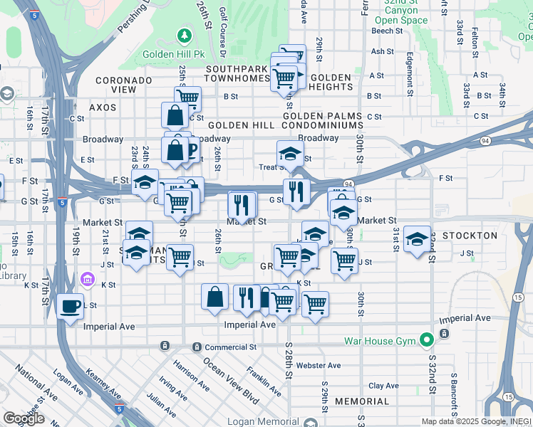 map of restaurants, bars, coffee shops, grocery stores, and more near 2736 Market Street in San Diego