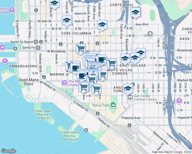 map of restaurants, bars, coffee shops, grocery stores, and more near in San Diego