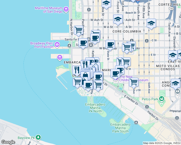 map of restaurants, bars, coffee shops, grocery stores, and more near 700 West Harbor Drive in San Diego