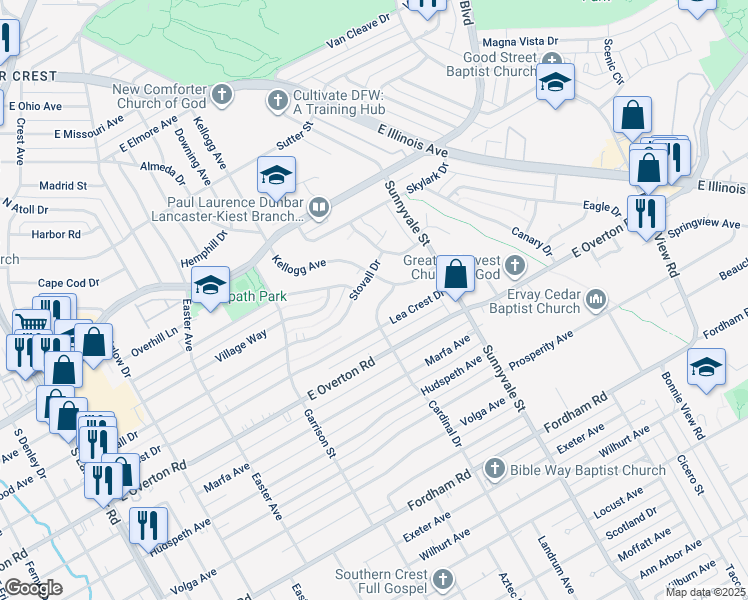 map of restaurants, bars, coffee shops, grocery stores, and more near 3416 Cardinal Drive in Dallas
