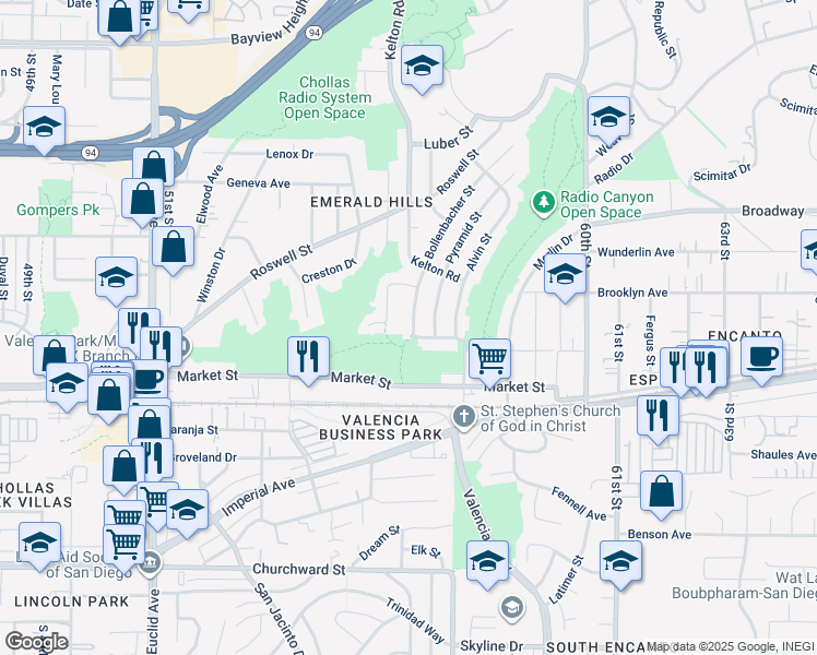 map of restaurants, bars, coffee shops, grocery stores, and more near 650 Bollenbacher Street in San Diego