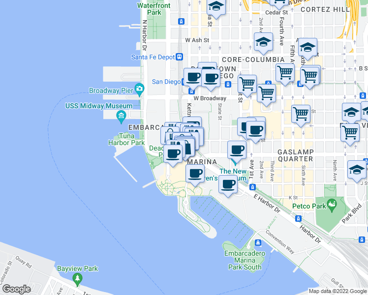 map of restaurants, bars, coffee shops, grocery stores, and more near 700 West Harbor Drive in San Diego