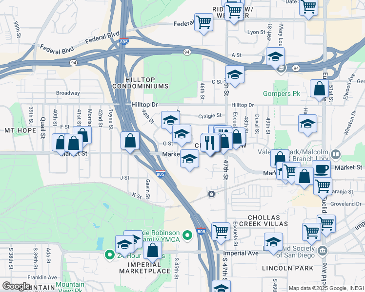 map of restaurants, bars, coffee shops, grocery stores, and more near 4511 G Street in San Diego