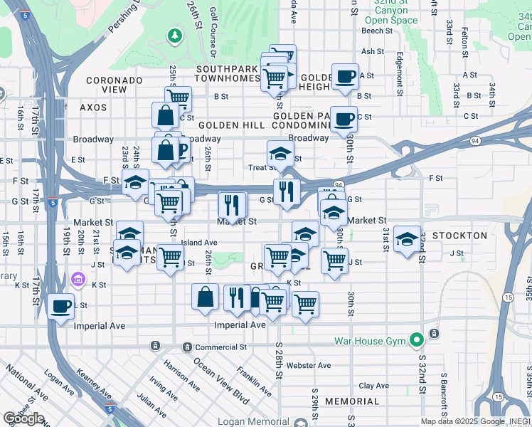 map of restaurants, bars, coffee shops, grocery stores, and more near 2762 Market Street in San Diego