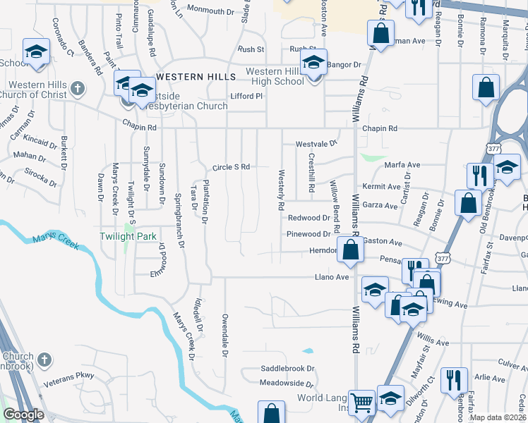 map of restaurants, bars, coffee shops, grocery stores, and more near 4005 Brookdale Road in Benbrook
