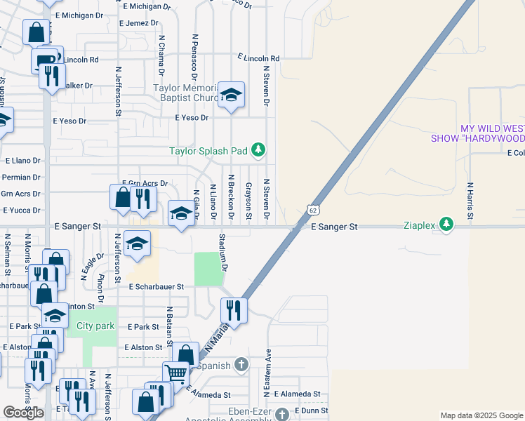 map of restaurants, bars, coffee shops, grocery stores, and more near 1123 N Steven Dr in Hobbs