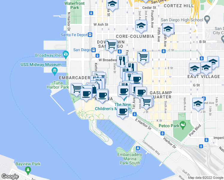 map of restaurants, bars, coffee shops, grocery stores, and more near 633 State Street in San Diego