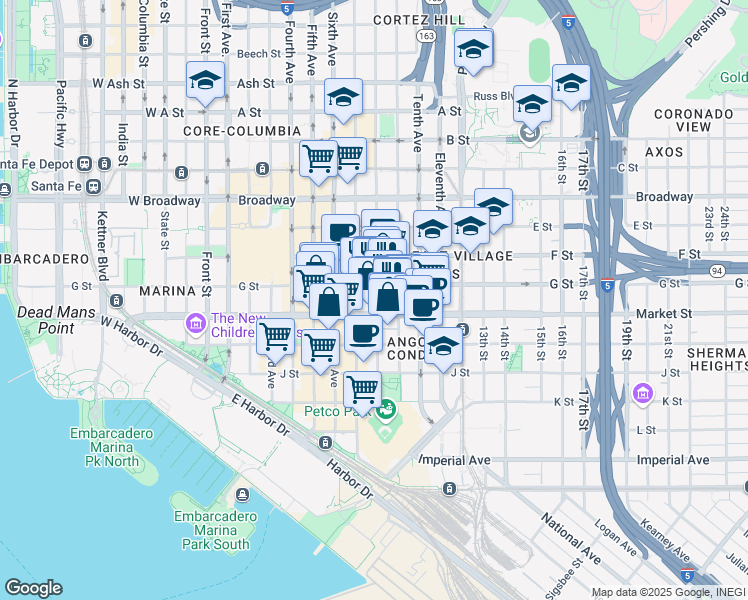 map of restaurants, bars, coffee shops, grocery stores, and more near 632 Eighth Avenue in San Diego