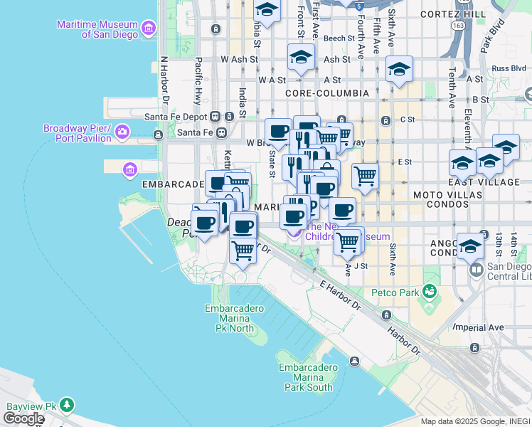 map of restaurants, bars, coffee shops, grocery stores, and more near 655 Columbia Street in San Diego