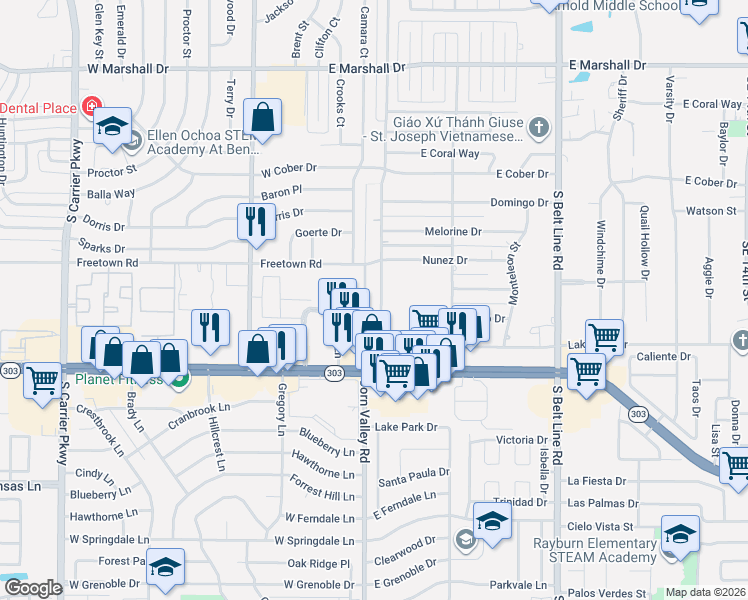 map of restaurants, bars, coffee shops, grocery stores, and more near 2310 Southeast 4th Street in Grand Prairie