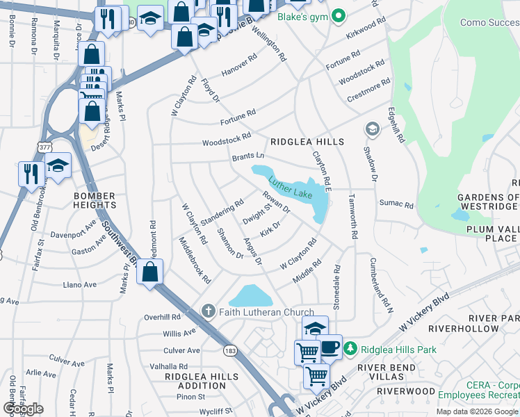 map of restaurants, bars, coffee shops, grocery stores, and more near 6808 Dwight Street in Fort Worth