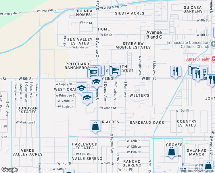 map of restaurants, bars, coffee shops, grocery stores, and more near 831 South Eleanor Avenue in Yuma