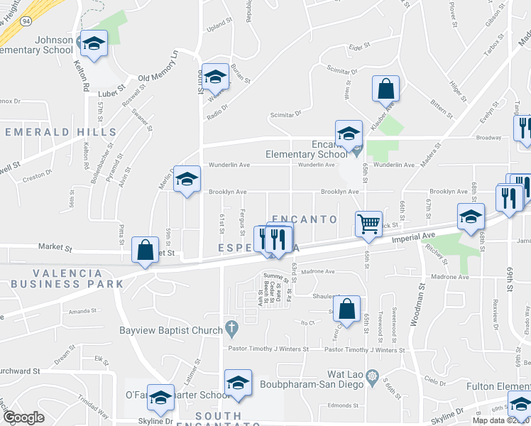 map of restaurants, bars, coffee shops, grocery stores, and more near 650 1/2 62nd Street in San Diego
