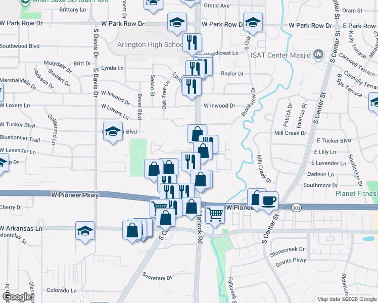 map of restaurants, bars, coffee shops, grocery stores, and more near 1008 Cooper Square Circle in Arlington