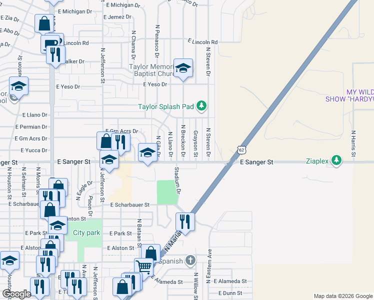 map of restaurants, bars, coffee shops, grocery stores, and more near 1122 North Breckon Drive in Hobbs