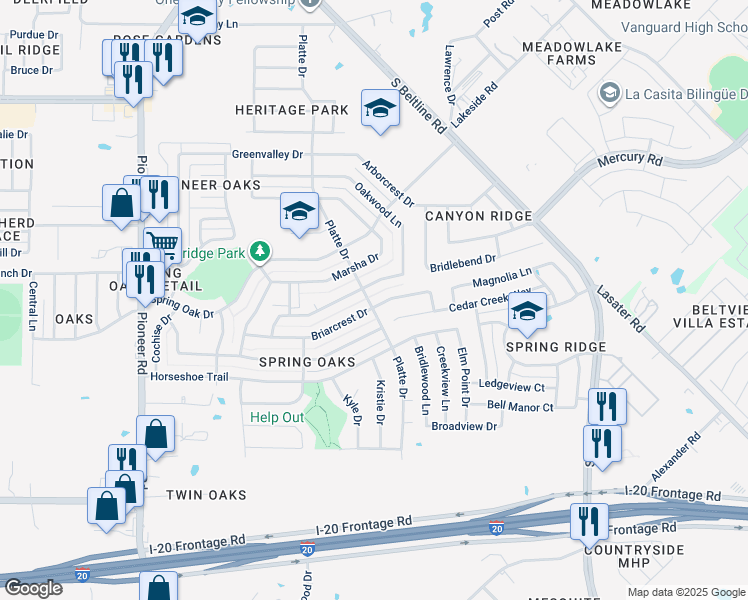 map of restaurants, bars, coffee shops, grocery stores, and more near 14601 Briarcrest Drive in Balch Springs