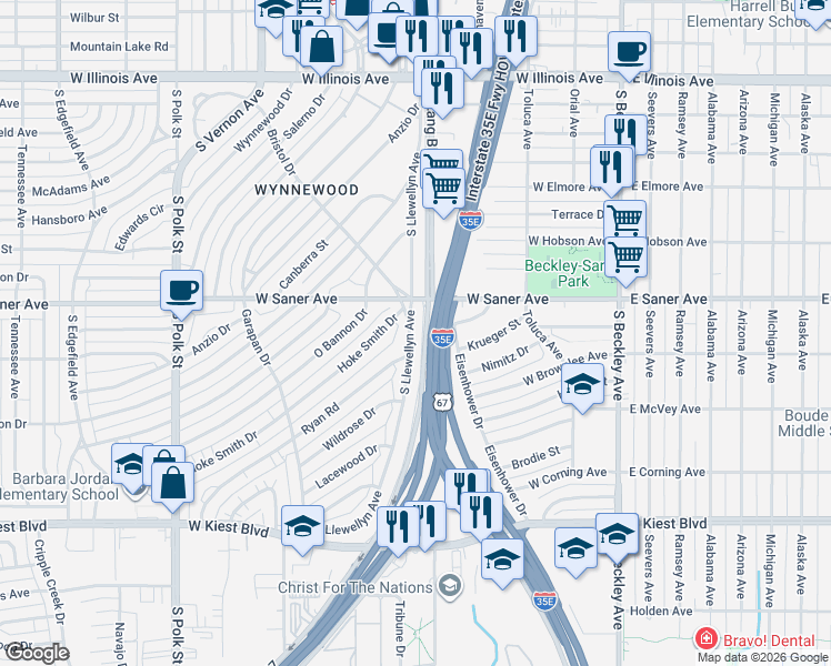 map of restaurants, bars, coffee shops, grocery stores, and more near 2832 South Llewellyn Avenue in Dallas