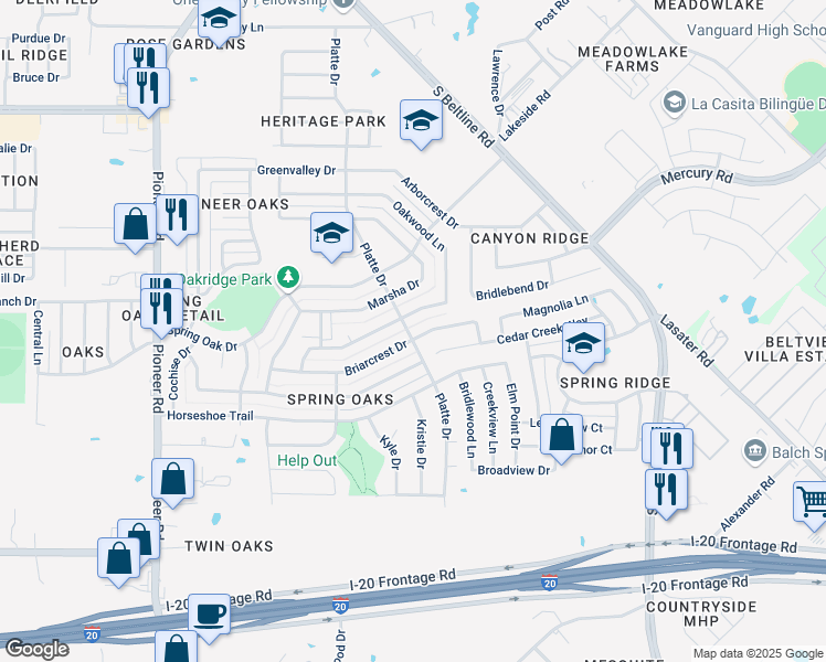 map of restaurants, bars, coffee shops, grocery stores, and more near 14601 Briarcrest Drive in Balch Springs