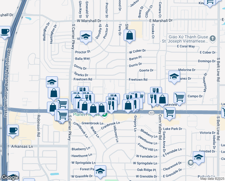 map of restaurants, bars, coffee shops, grocery stores, and more near 323 Freetown Road in Grand Prairie